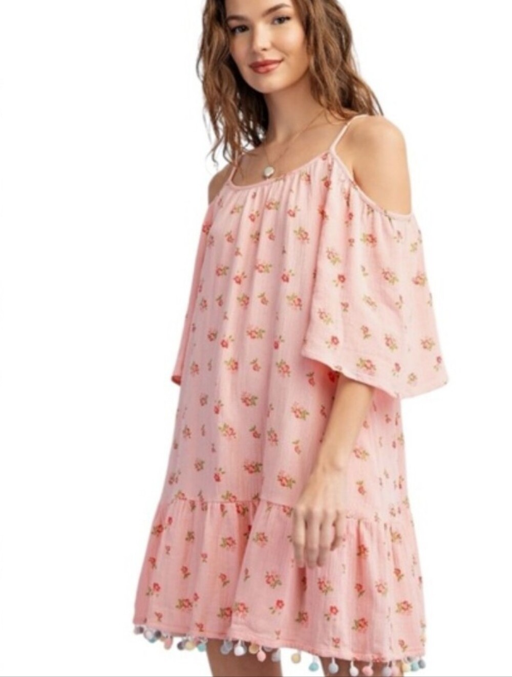 Easel Pink Floral Cold-Shoulder Dress with Pom Pom Hem